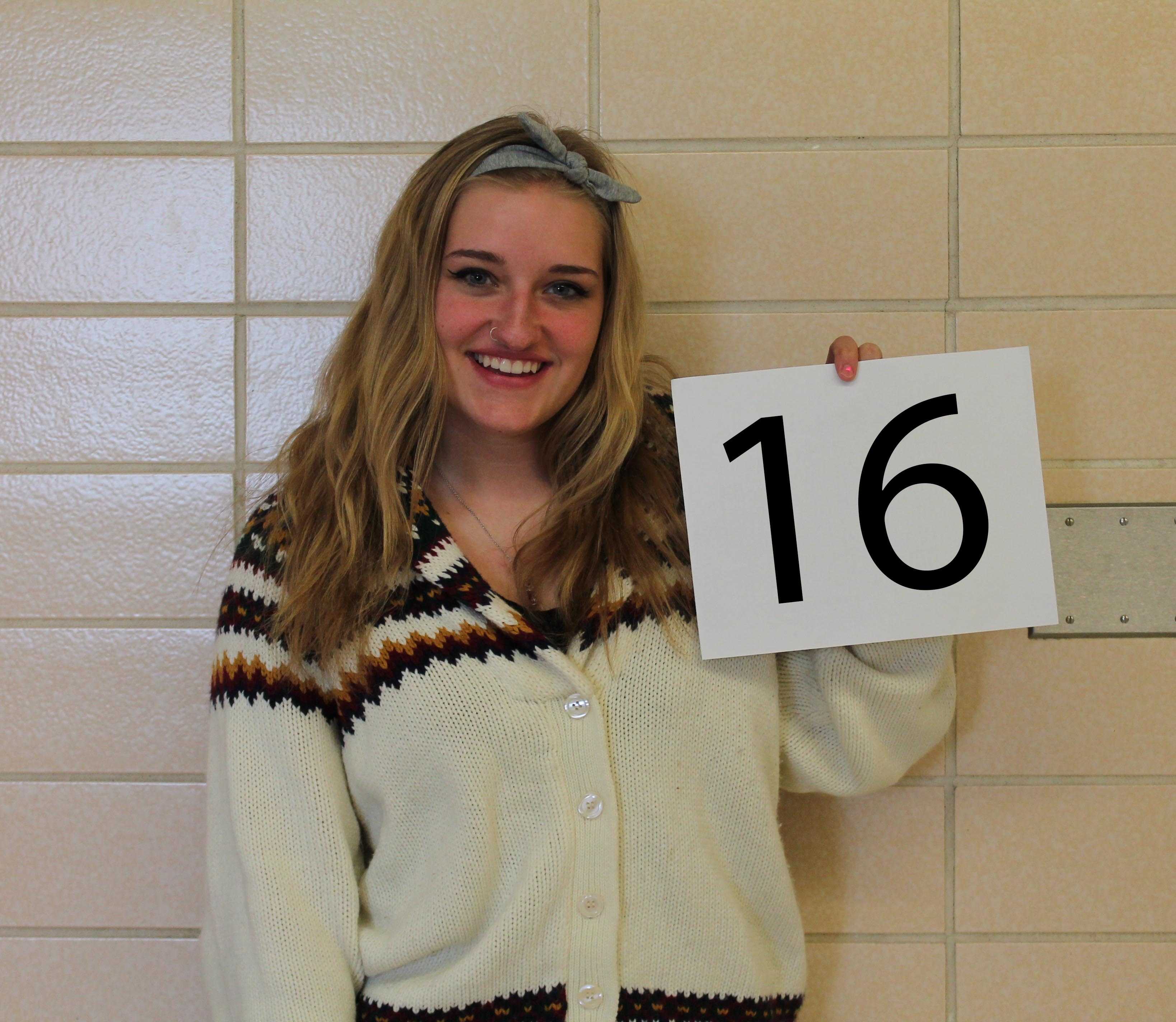 Senior Hannah Tortorella represents the letter "K" sporting her knit sweater for the senior countdown. This reminds seniors they only have 16 days left until the last day of school. 