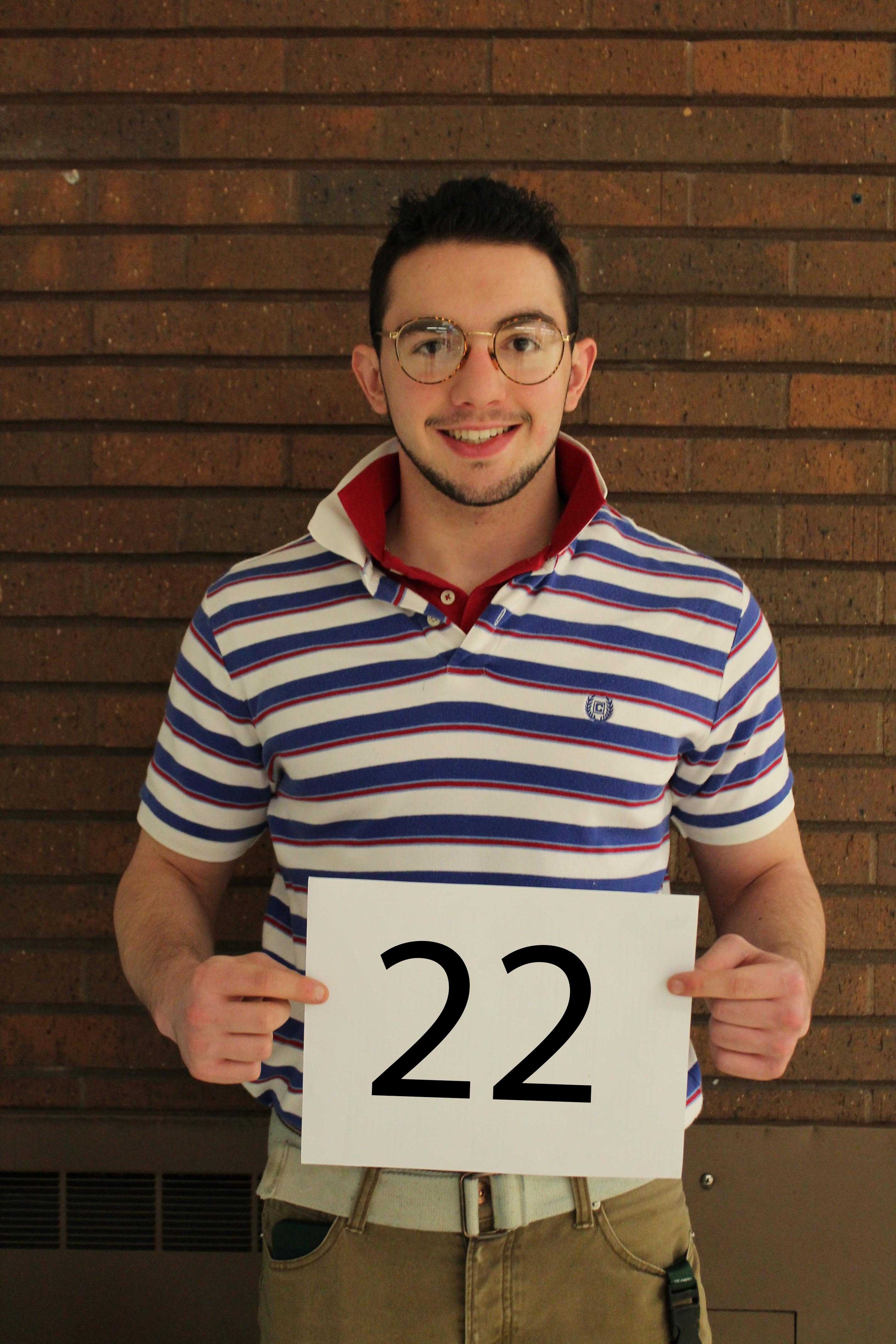 Senior Johnathan Welsh represents the letter E in his eighties style polo T-shirt for the senior countdown. This reminds  seniors they only have 22 days left until the last day of school. 